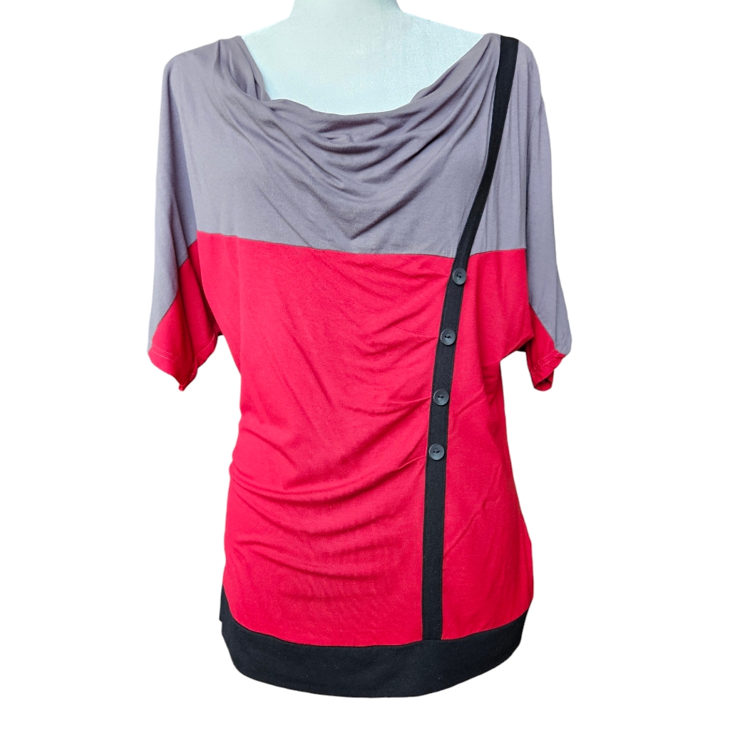 Reitmans Red Gray Black Top Blouse Viscose Cowl Neck Short Bat Sleeve Size M